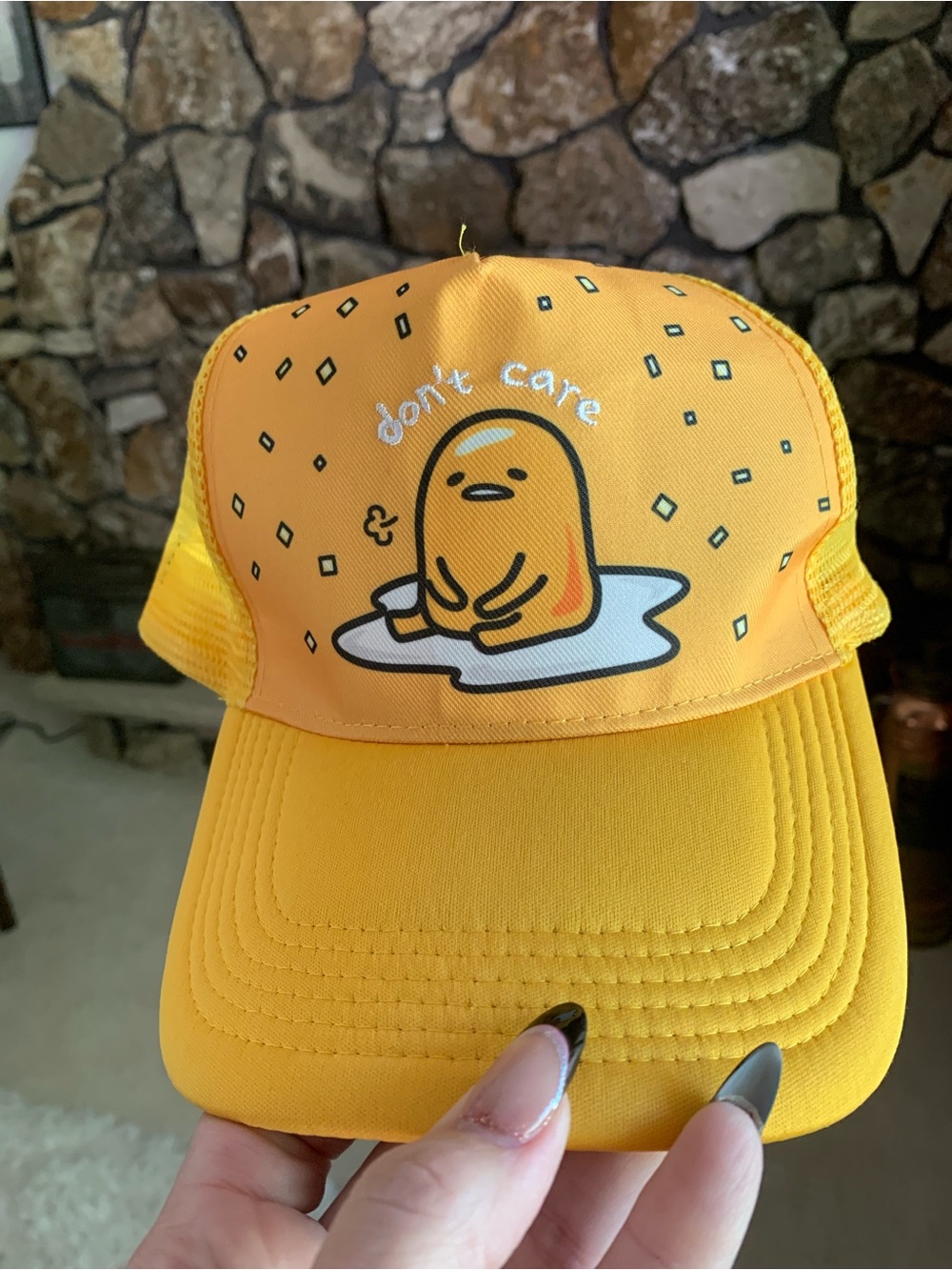 NWOT Gudetama Yellow Trucker Hat - "Don't Care"
